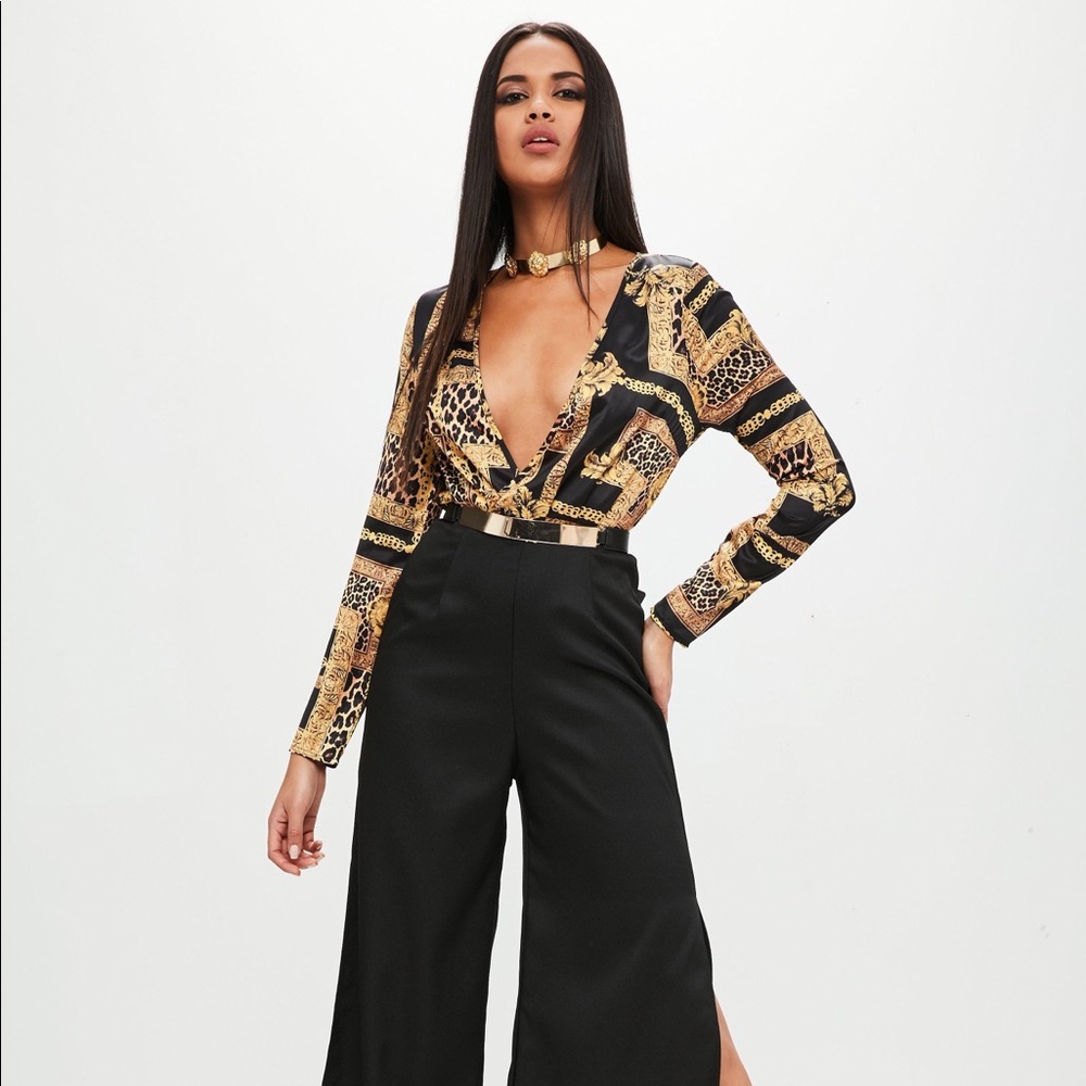 Missguided Printed Wrap Front Long Sleeve Jumpsuit